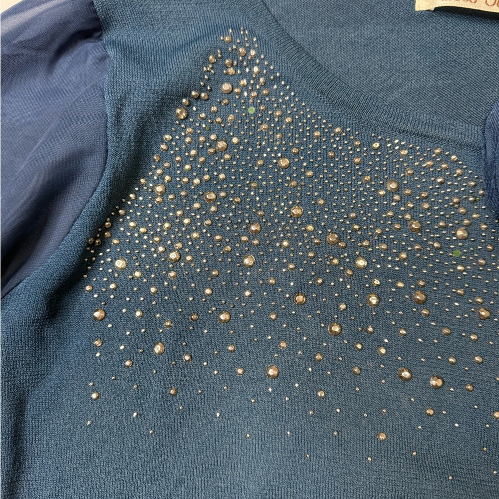 Vintage Leib Olmai Blue Studded Crew Neck Sweater with Bow Size Small - Picture 4 of 7